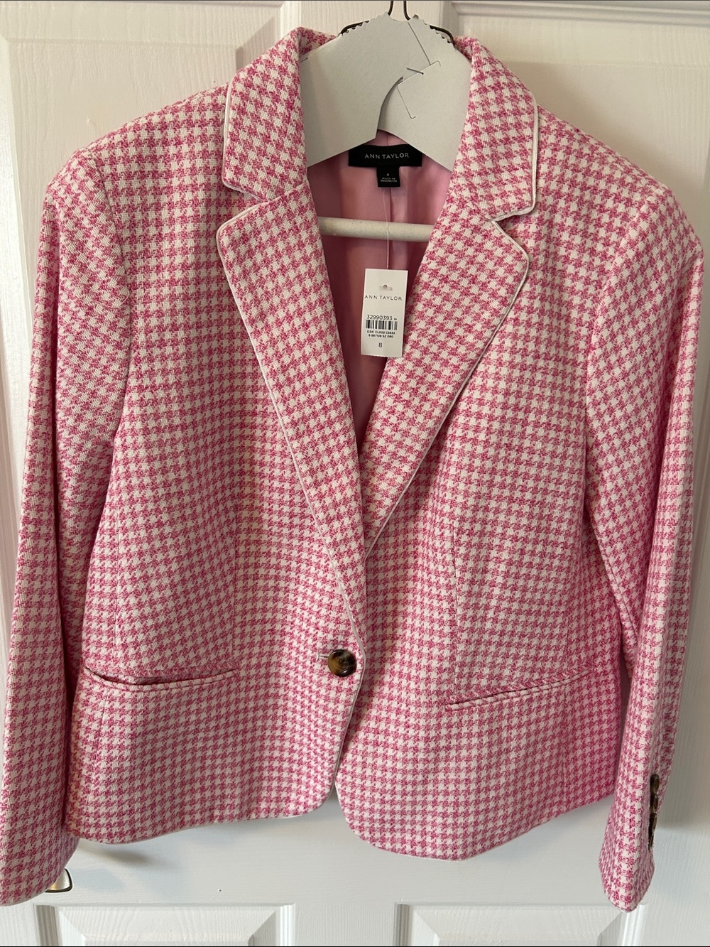 Ann Taylor Pink Houndstooth Blazer with White Piping